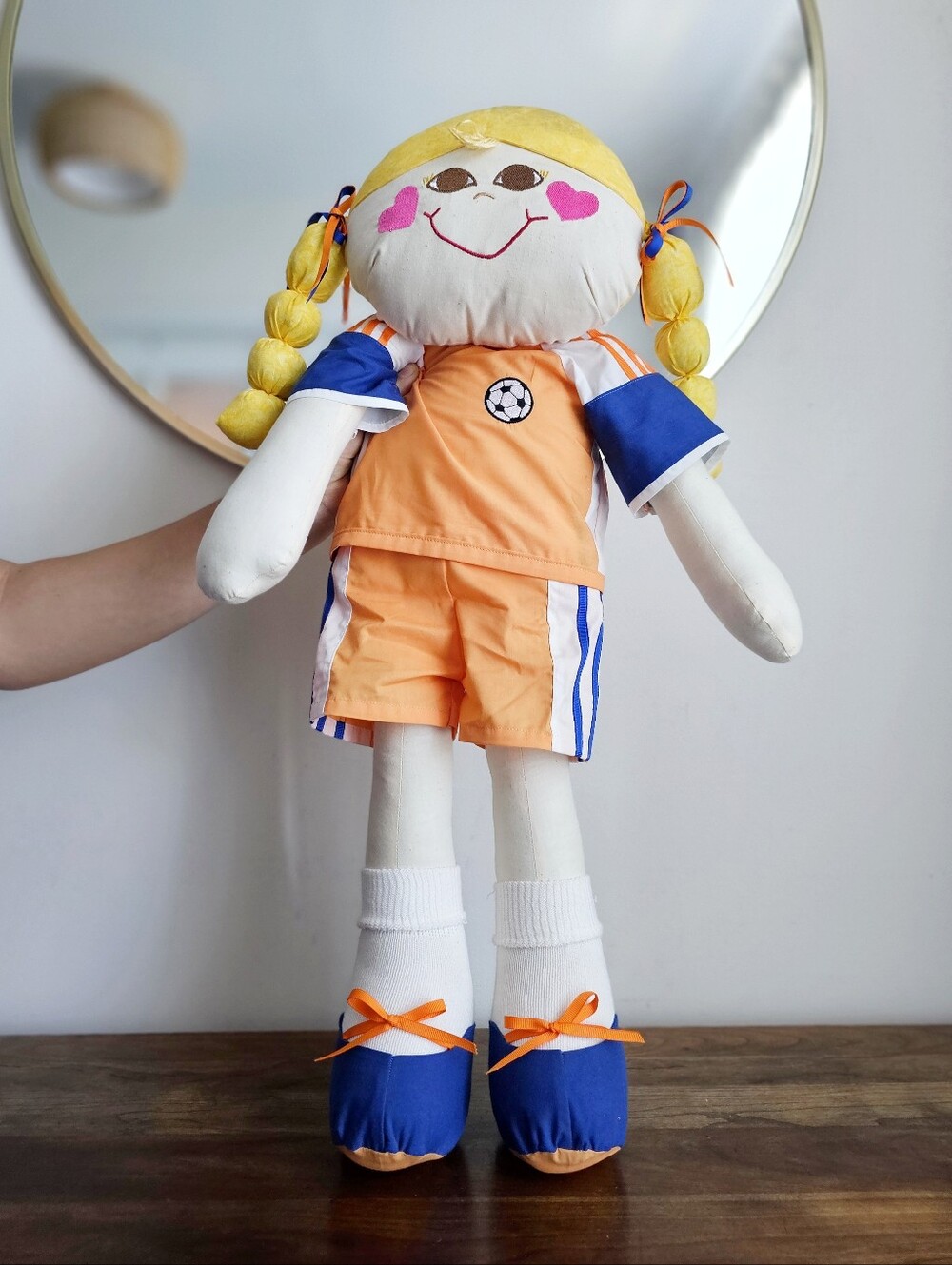 Vintage Handmade Soccer Girl Rag Doll Plush 25" Blonde Braids Cloth Doll